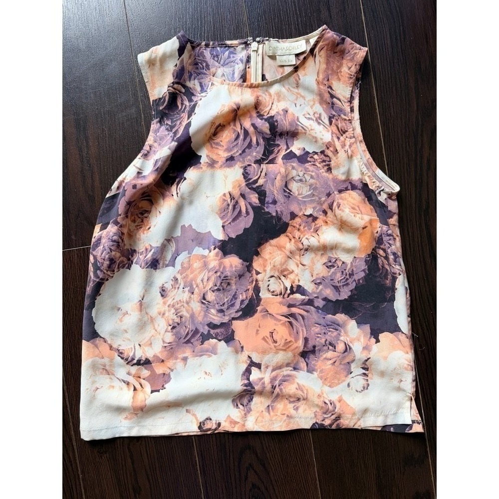 Cynthia Rowley Silk Shell Top Photoreal Rose Print Sleeveless Blouse S - Picture 2 of 7